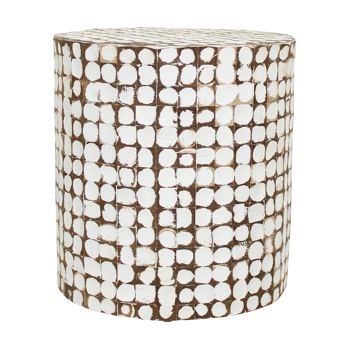 Boho Side Table Nightstand – White Coconut Shell End Table, Handcrafted Accent Furniture for Living Room, Bedroom, or Entryway – Rustic Coastal Decor, No Assembly Needed
