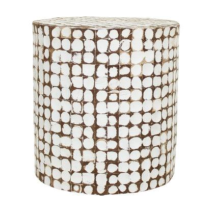 Boho Side Table Nightstand – White Coconut Shell End Table, Handcrafted Accent Furniture for Living Room, Bedroom, or Entryway – Rustic Coastal Decor, No Assembly Needed