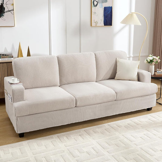 85 Inch Sofa with Side Pocket, Corduroy Fabric 3 Seater Couch for Living Room, Comfy Modern Small Couch for Bedroom, Small Spaces, Dorms, Office, Beige
