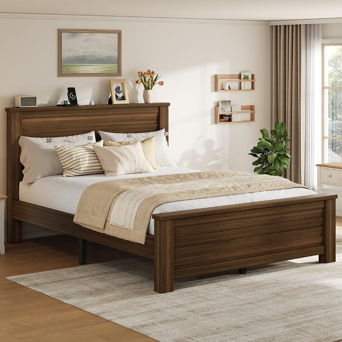 Wooden Platform Full Bed Frame with Charg3 Station, Thick Headboard, Brown