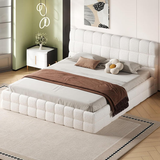 JIVOIT King Size Upholstered Platform Bed with Headboard, Berber Fleece Fabric