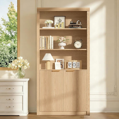 Modern Tall Book Shelf and Bookcase, 31.5"Wide Bookshelf with Doors, Farmhouse Book Case with Adjustable Top Shelf, Wood Storage Cabinet with 5 Tier Display Shelves for Home Office, Living Room,Oak