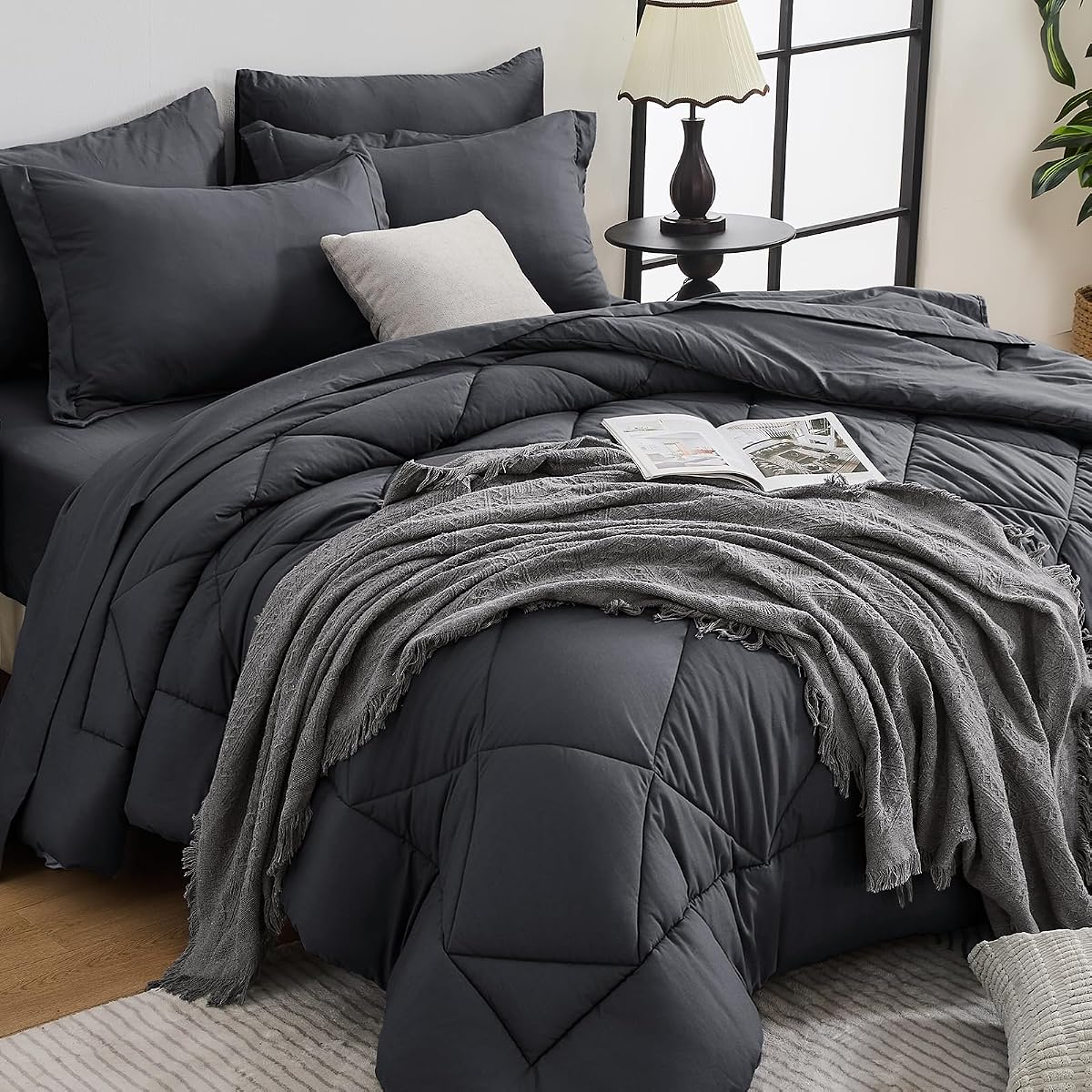 7-Piece Queen Comforter Set, Dark Grey Bed in a Bag