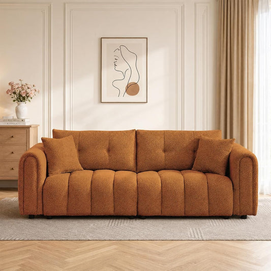 91.5"W Modern Boucle Sofa for Living Room, Oversized Loveseat Couch, Orange | Comfy Channel-Tufted Couch with Rolled Arms and 2 Soft Pillows, 3-Seater Cloud Couch for Apartment, Studio, Bedroom, Office