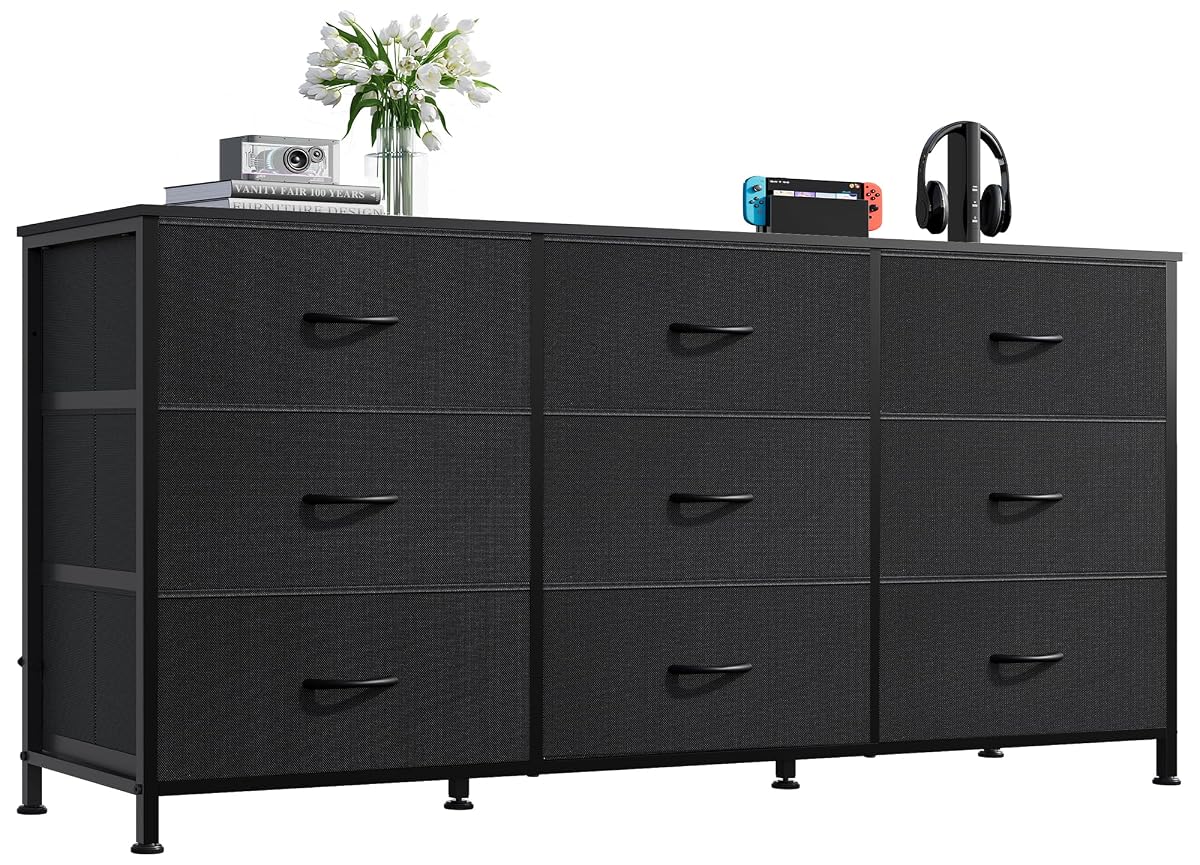 Dresser TV Stand for 55 Inch TV, 9 Drawer Dresser for Bedroom, Black