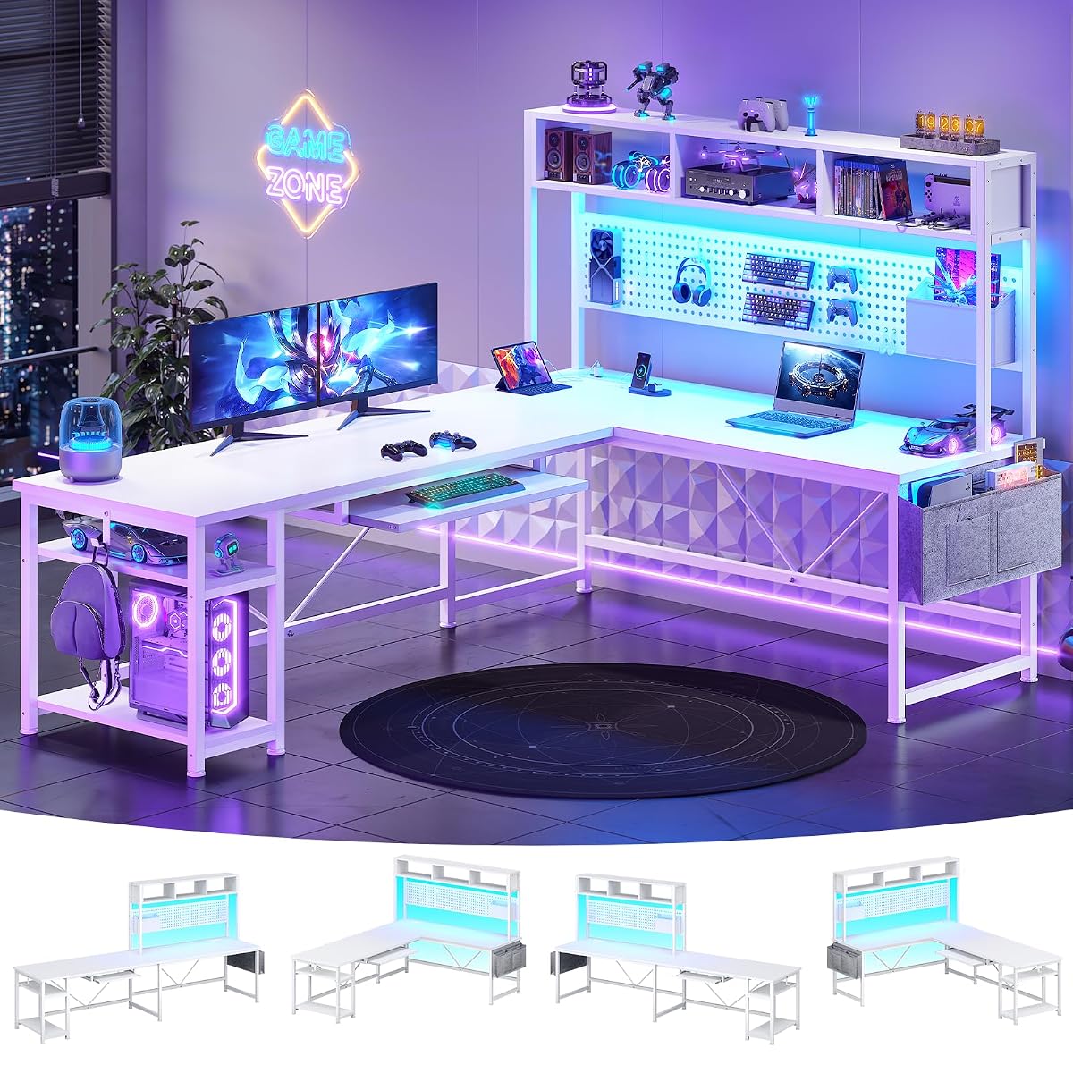 White L Shaped Gaming Desk with Hutch, Power Outlet and Pegboard