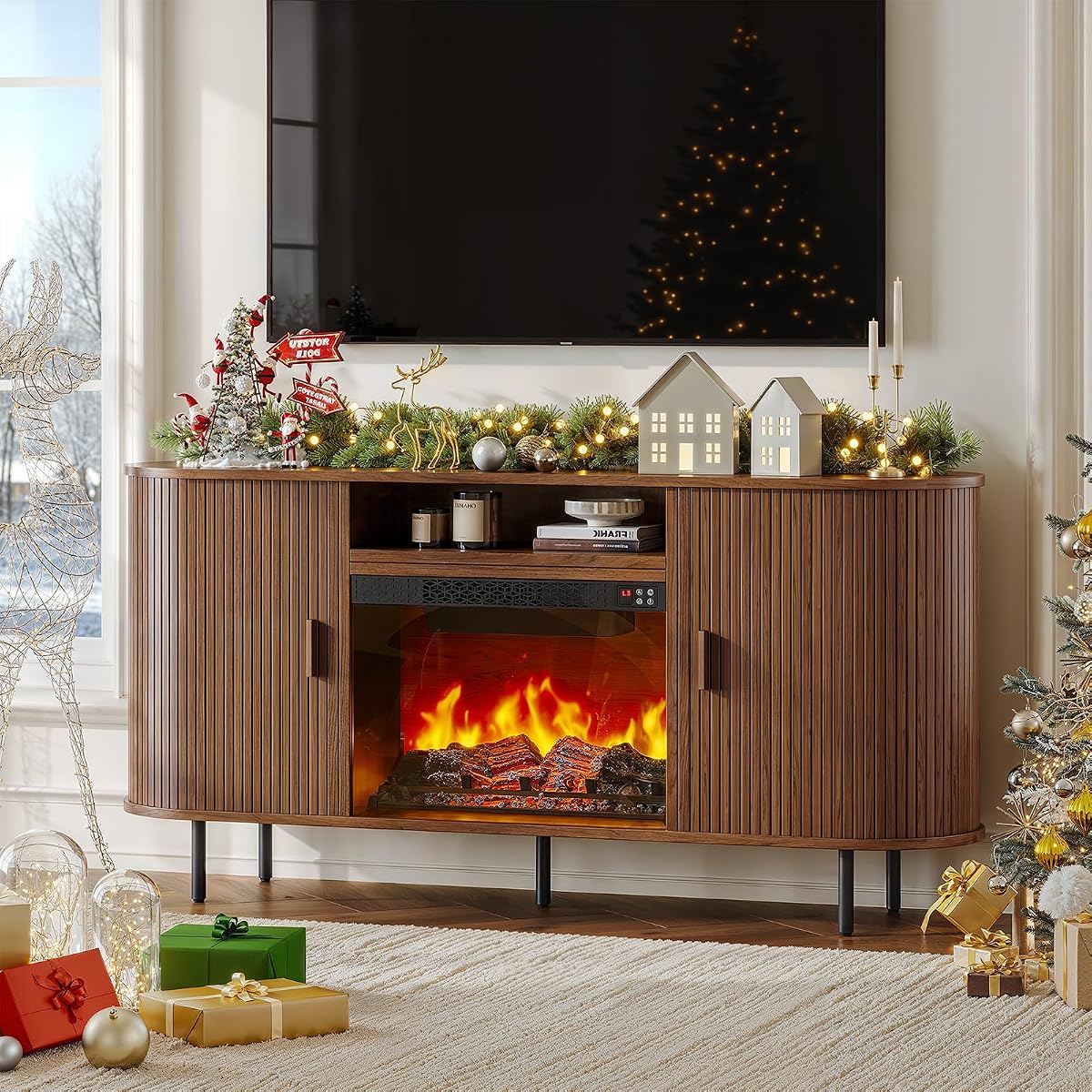 63" Fluted Fireplace TV Stand with Sliding Doors & Power Outlet