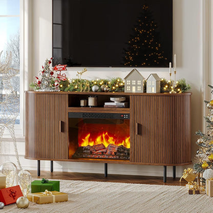 63" Fluted Fireplace TV Stand with Sliding Doors & Power Outlet