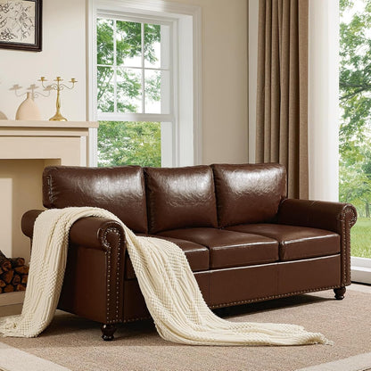 79” Leather Sofa Couch with Storage, Mid Century Modern Rolled Arm Couches for Living Room Furniture, Nailhead Trim, Dark Brown