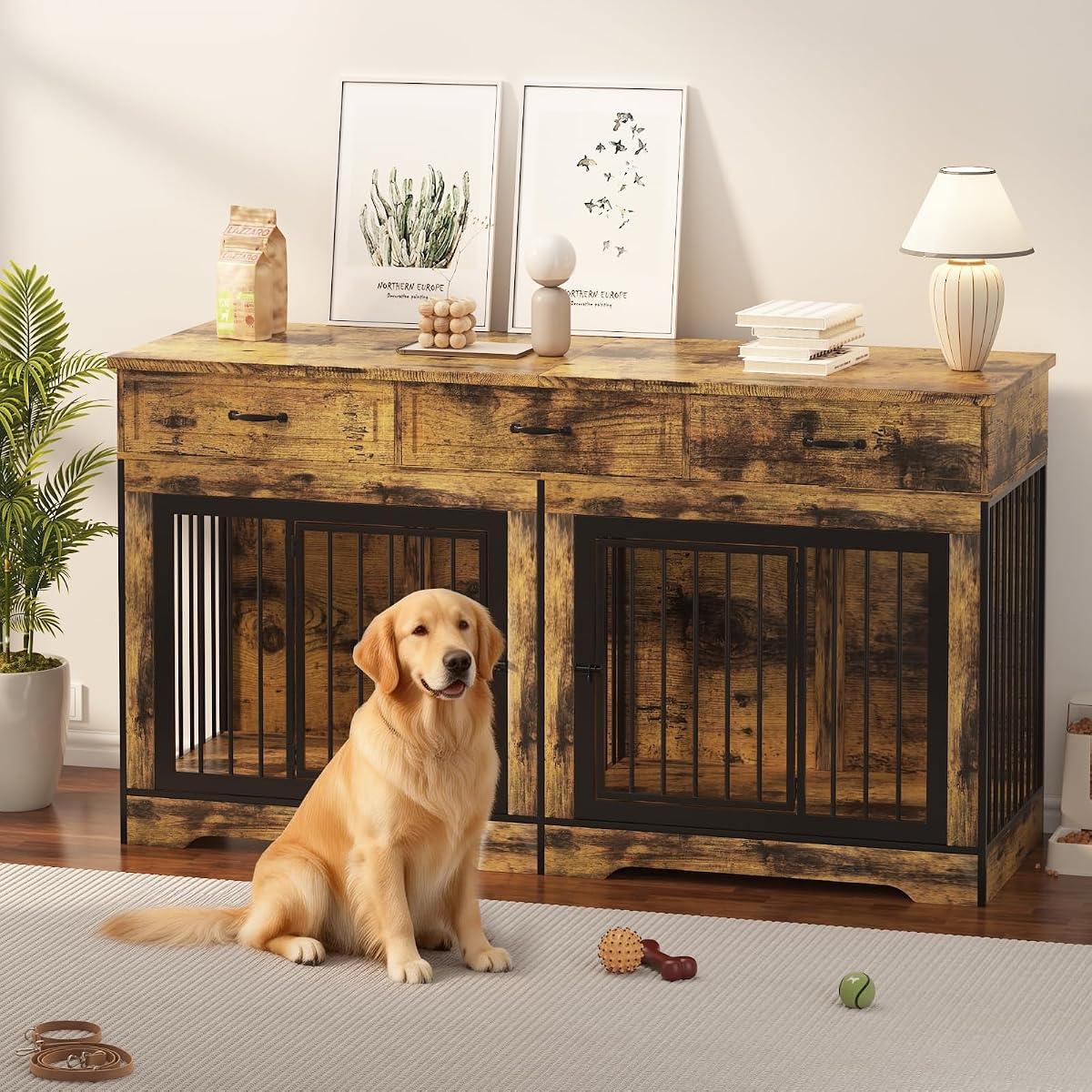 Heavy Duty Double Dog Crate Furniture for 2 Medium/Large Dogs