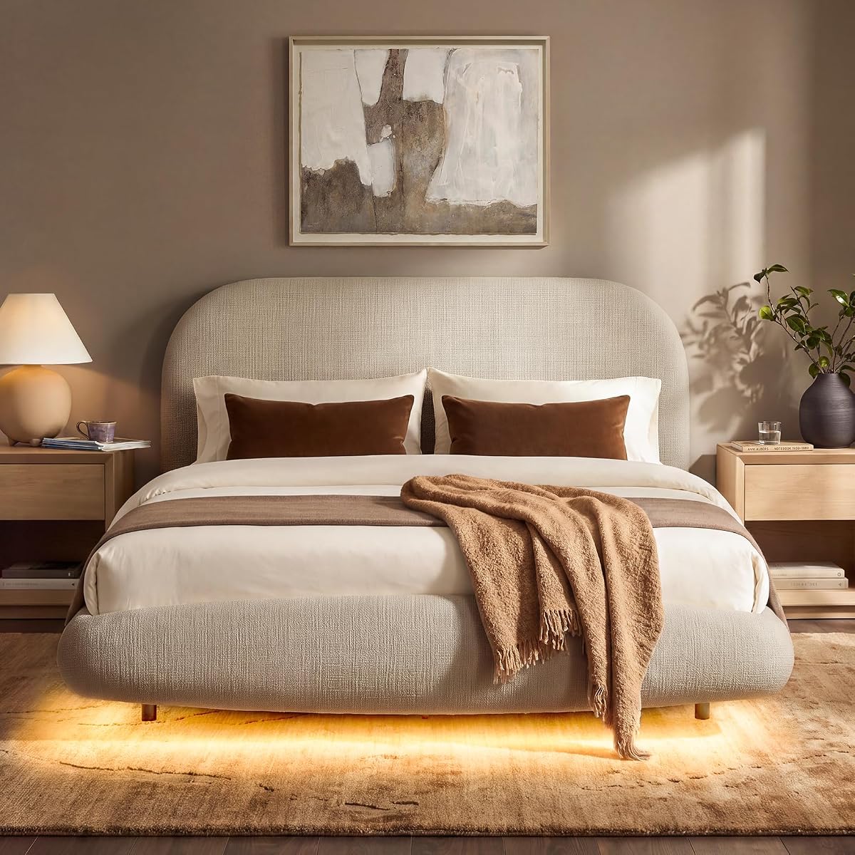 Floating Queen Bed Frame with Headboard and LED Lights, Taupe