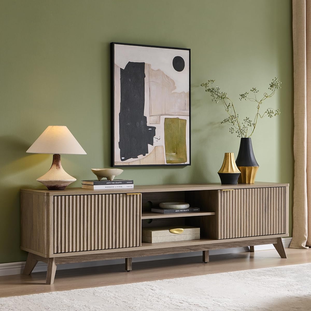 70" Mid Century Modern Fluted TV Stand w/ 2 Soft Close Door, Alder Grey