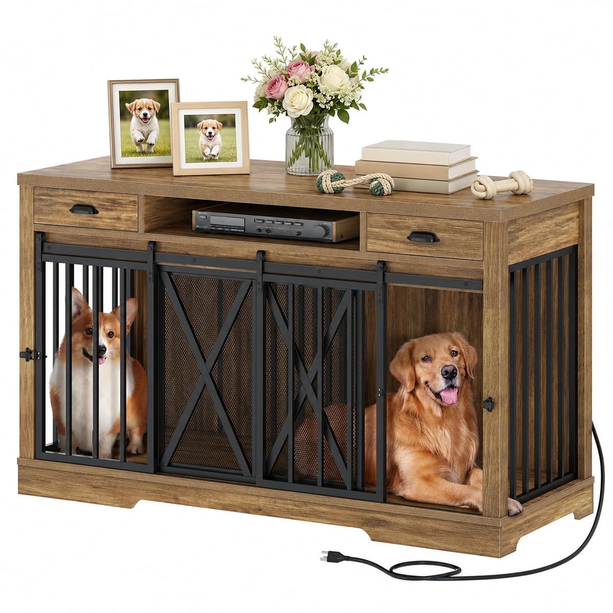 63" Double Dog Crate TV Stand with Charging Station for 2 Dogs