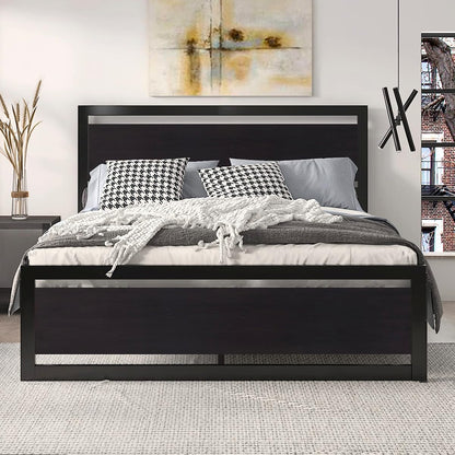 Heavy Duty Full Size Bed Frame with Modern Headboard, Black