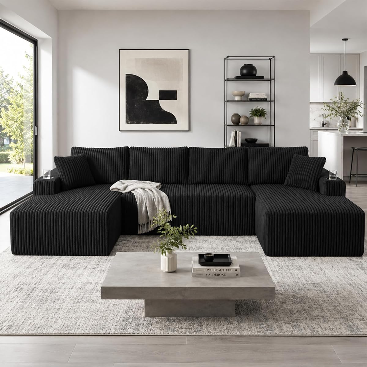 125" Cloud Couch Sectional, Modular Sofa with Cup Holder and Storage Pocket, Corduroy U Shaped Boneless Sofas, Couch in a Box, No Assembly Required, Black Couches for Living Room