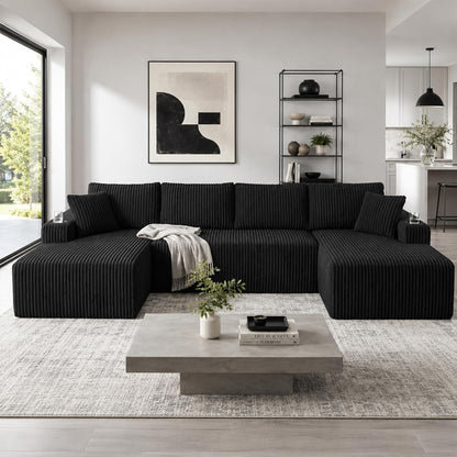 125" Cloud Couch Sectional, Modular Sofa with Cup Holder and Storage Pocket, Corduroy U Shaped Boneless Sofas, Couch in a Box, No Assembly Required, Black Couches for Living Room