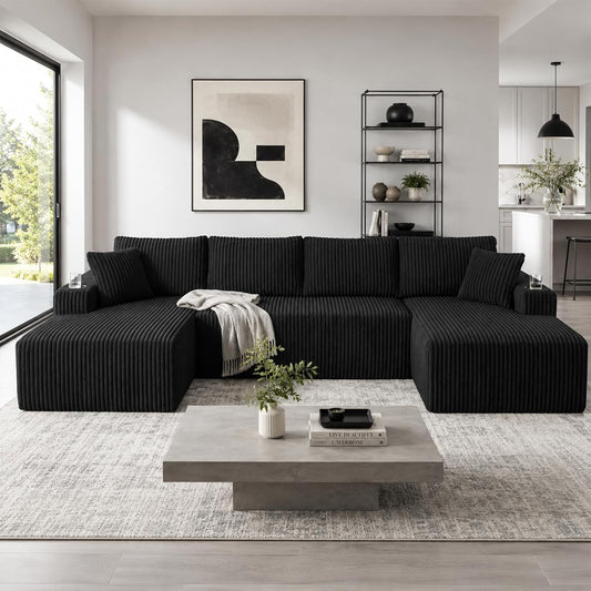 125" Cloud Couch Sectional, Modular Sofa with Cup Holder and Storage Pocket, Corduroy U Shaped Boneless Sofas, Couch in a Box, No Assembly Required, Black Couches for Living Room