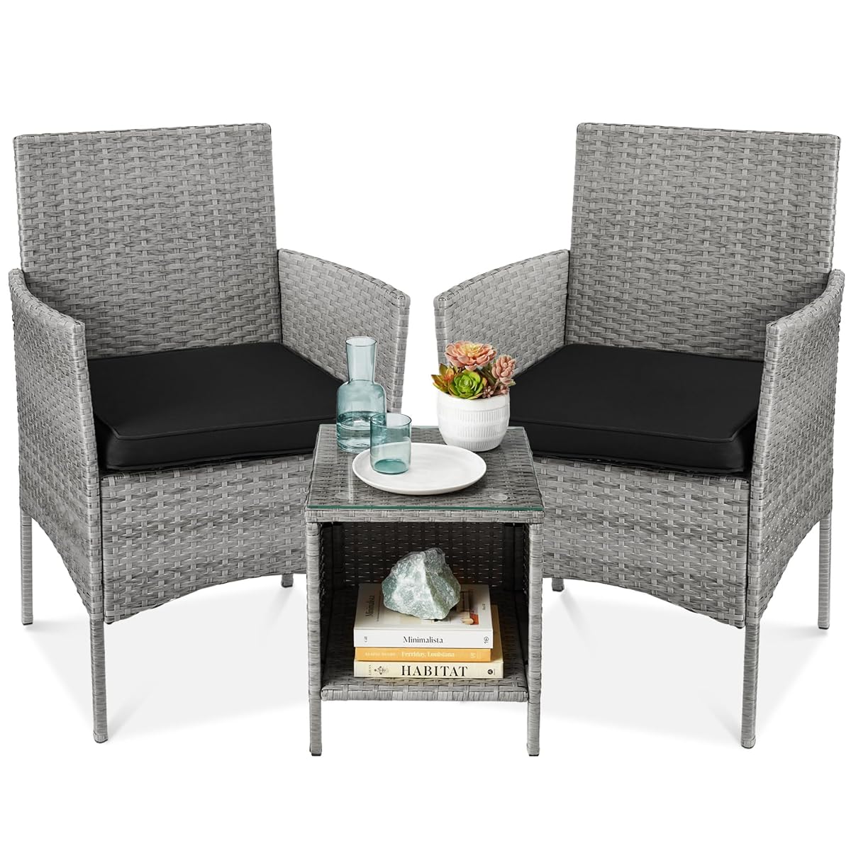 Best Choice Products 3-Piece Outdoor Wicker Conversation Bistro Set, Space Saving Patio Furniture for Garden w/Side Table - Gray/Black