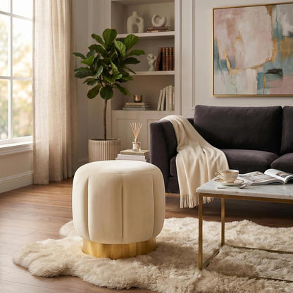 SAFAVIEH Couture Collection Maxine Glam Cream Velvet/Gold Channel Tufted Upholstered Round Ottoman for Living Room Bedroom Vanity Foot Stool (Fully Assembled)