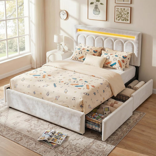 Velvet Upholstered Full Size Bed Frame with 4 Storage Drawers