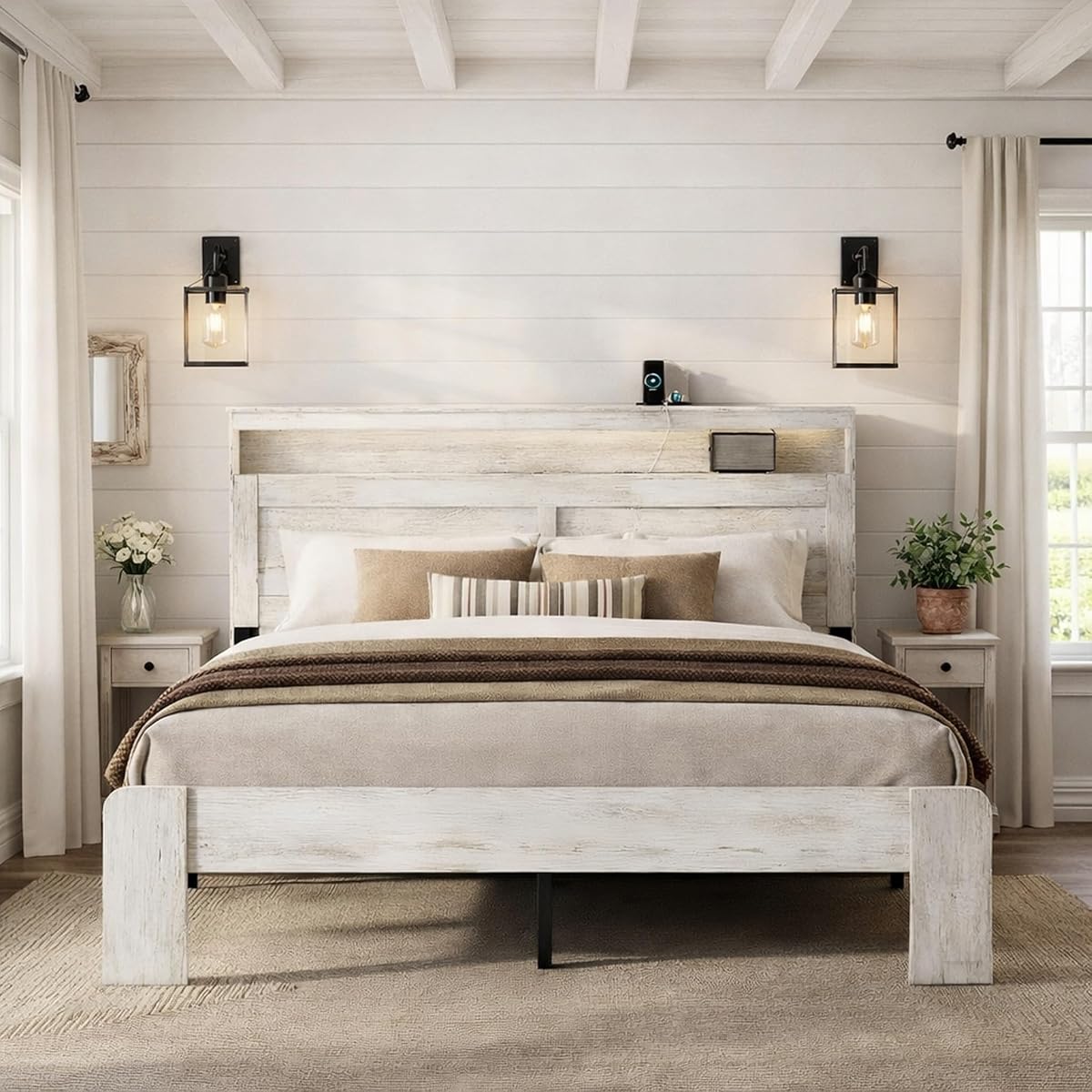 Queen Size Wooden Bed Frame with Headboard, Rustic Platform Bed Frame