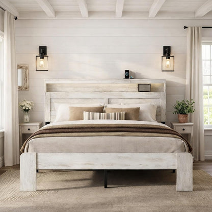 Queen Size Wooden Bed Frame with Headboard, Rustic Platform Bed Frame