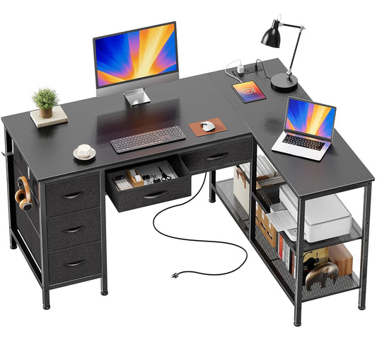47 Inch L Shaped Desk with Power Outlets, 5 Fabric Drawers