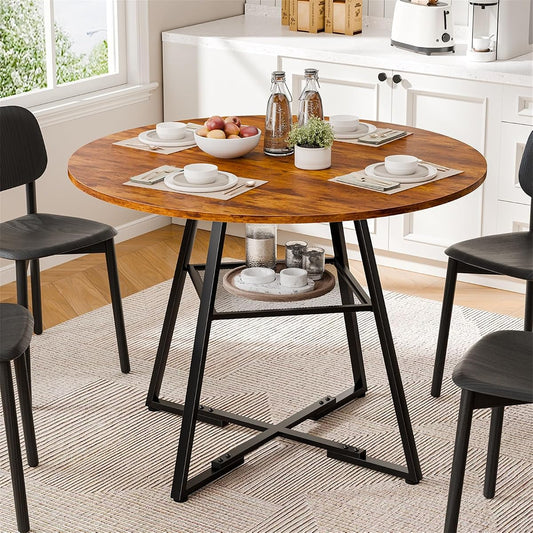 42" Round Dining Table for 4-6, Space Saving Kitchen Table with Dual-Tier Storage, Pedestal Metal Frame, Industrial Farmhouse Circle Dinner Tables for Apartment, Vintage Wood