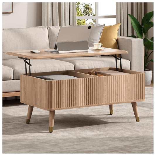 Lift Top Coffee Table with Storage, Mid Century Modern Coffee Table with Solid Wood Legs, 38" Minimalist Fluted Center Table for Living Room, Home Office, Natural Oak