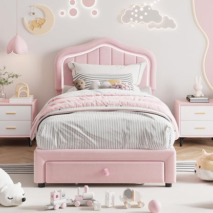 Twin Upholstered Bed Frame with Storage Drawer and Smart Led Headboard, Twin Size Platform Bed Frames for Kids, Wooden Slats Support, No Box Spring Needed, Easy Assembly, All Pink