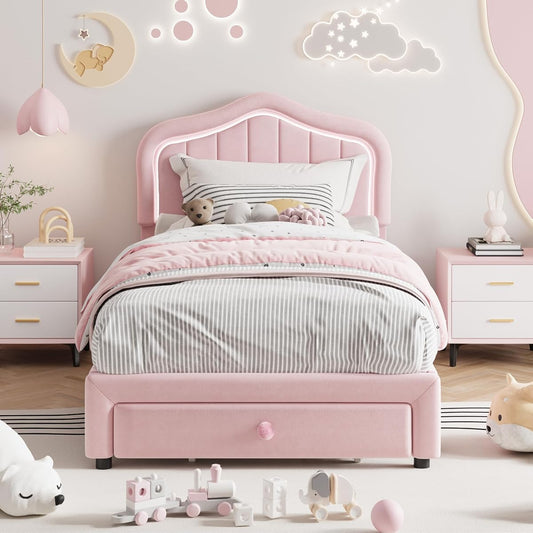 Twin Upholstered Bed Frame with Storage Drawer and Smart Led Headboard