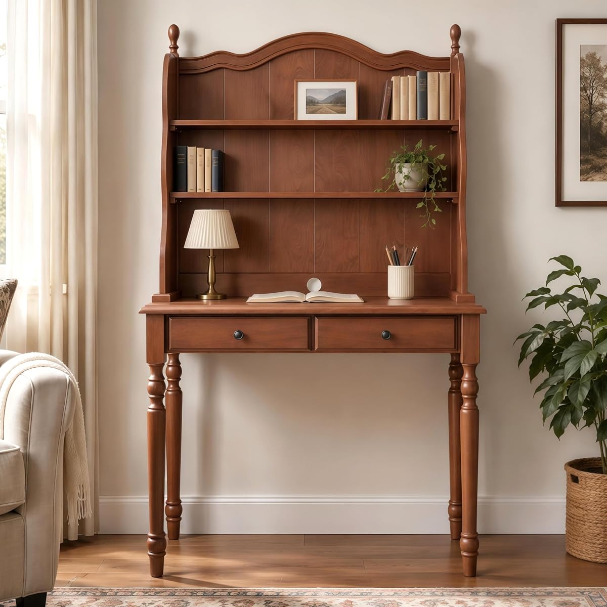 Vintage Walnut Writing Desk with Hutch & 2 Drawers
