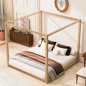Modern King Size Wood Canopy Bed Floor Platform Bed Frame/No Box Spring, view 2