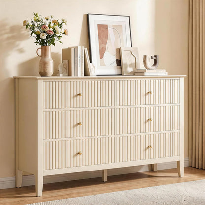 Beige 6 Drawer Dresser, Fluted Modern Wood Chest of Drawers