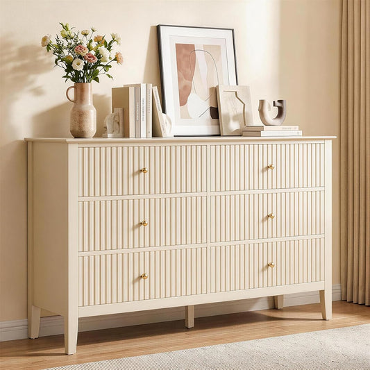 Beige 6 Drawer Dresser, Fluted Modern Wood Chest of Drawers