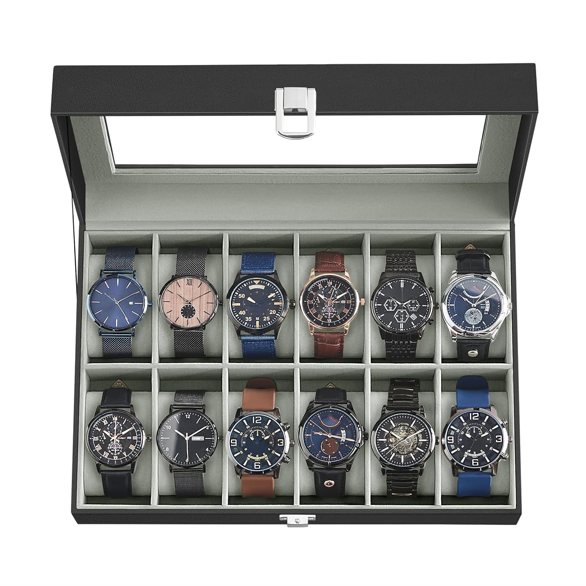 Watch Box, 12-Slot Watch Case Organizer with Large Glass Lid, Removable Pillows