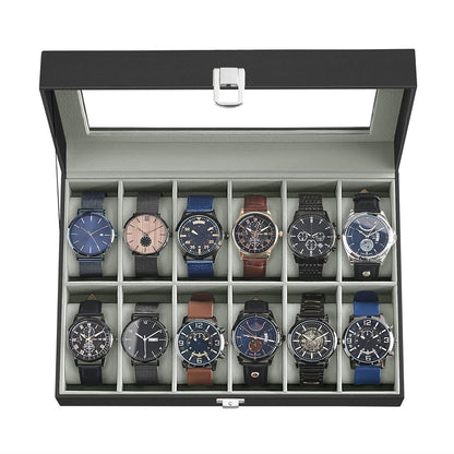 Watch Box, 12-Slot Watch Case Organizer with Large Glass Lid, Removable Pillows
