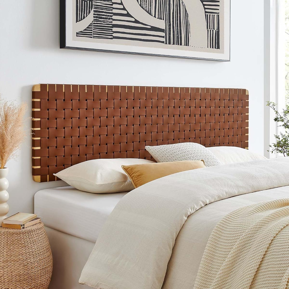 Sparta Vegan Leather Weave King Headboard in Natural Brown, Faux Leather King Headboard Only with Wall Mount Design for Primary Bedroom or Guest Room