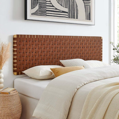 Sparta Vegan Leather Weave King Headboard in Natural Brown, Faux Leather King Headboard Only with Wall Mount Design for Primary Bedroom or Guest Room