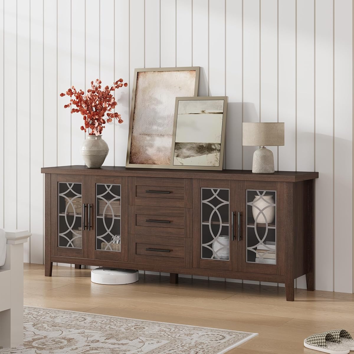 Farmhouse TV Stand with Glass Door for 65-70 Inch TV, Entertainment Center