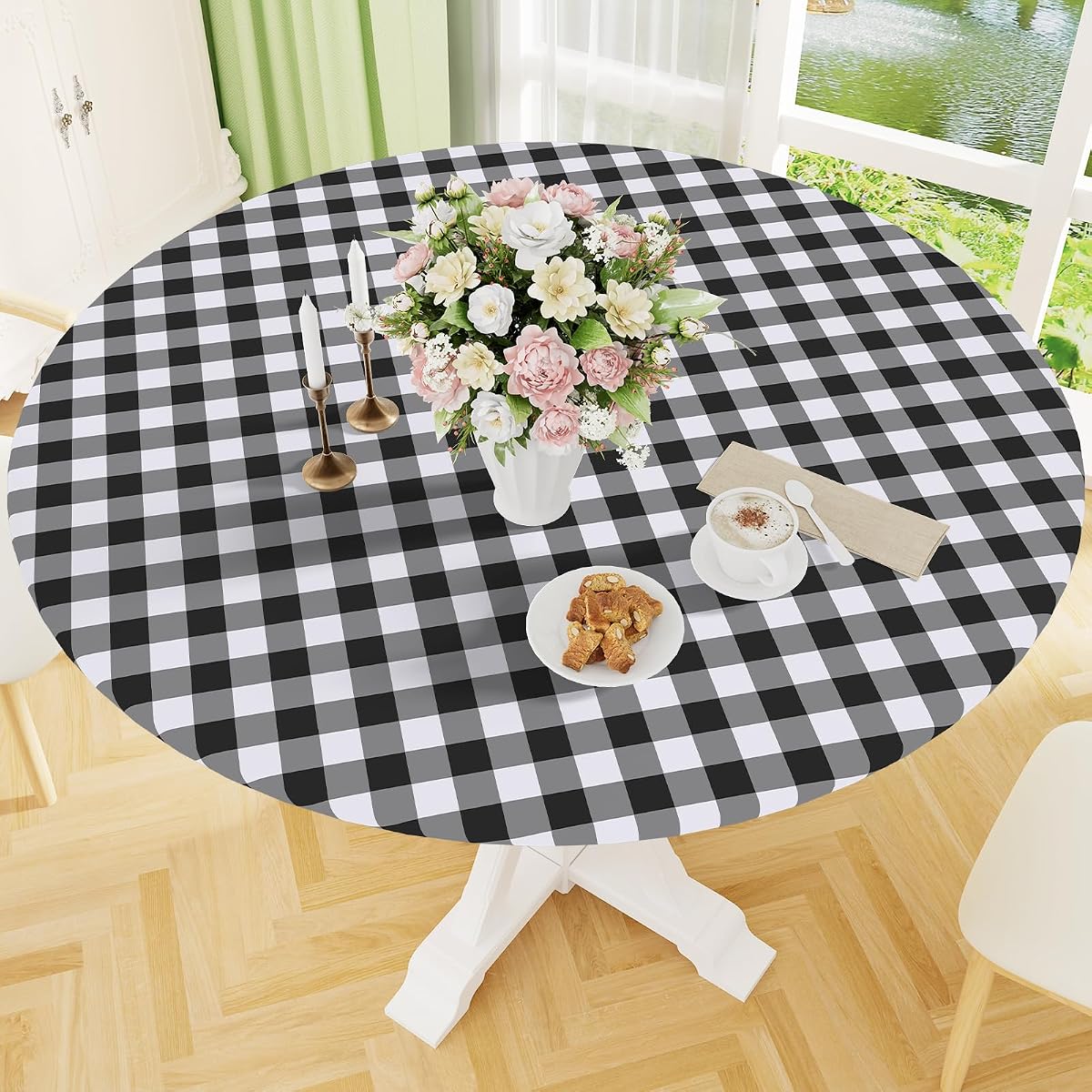 Round Picnic Tablecloth, Elastic Waterproof Fitted Vinyl Tablecloths for 45"-56" Tables, Flannel Backed Buffalo Plaid Table Cover for Dining, Camping, Outdoor, Black and White