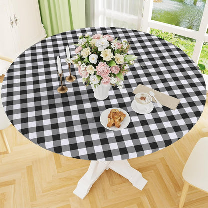 Round Picnic Tablecloth, Elastic Waterproof Fitted Vinyl Tablecloths for 45"-56" Tables, Flannel Backed Buffalo Plaid Table Cover for Dining, Camping, Outdoor, Black and White