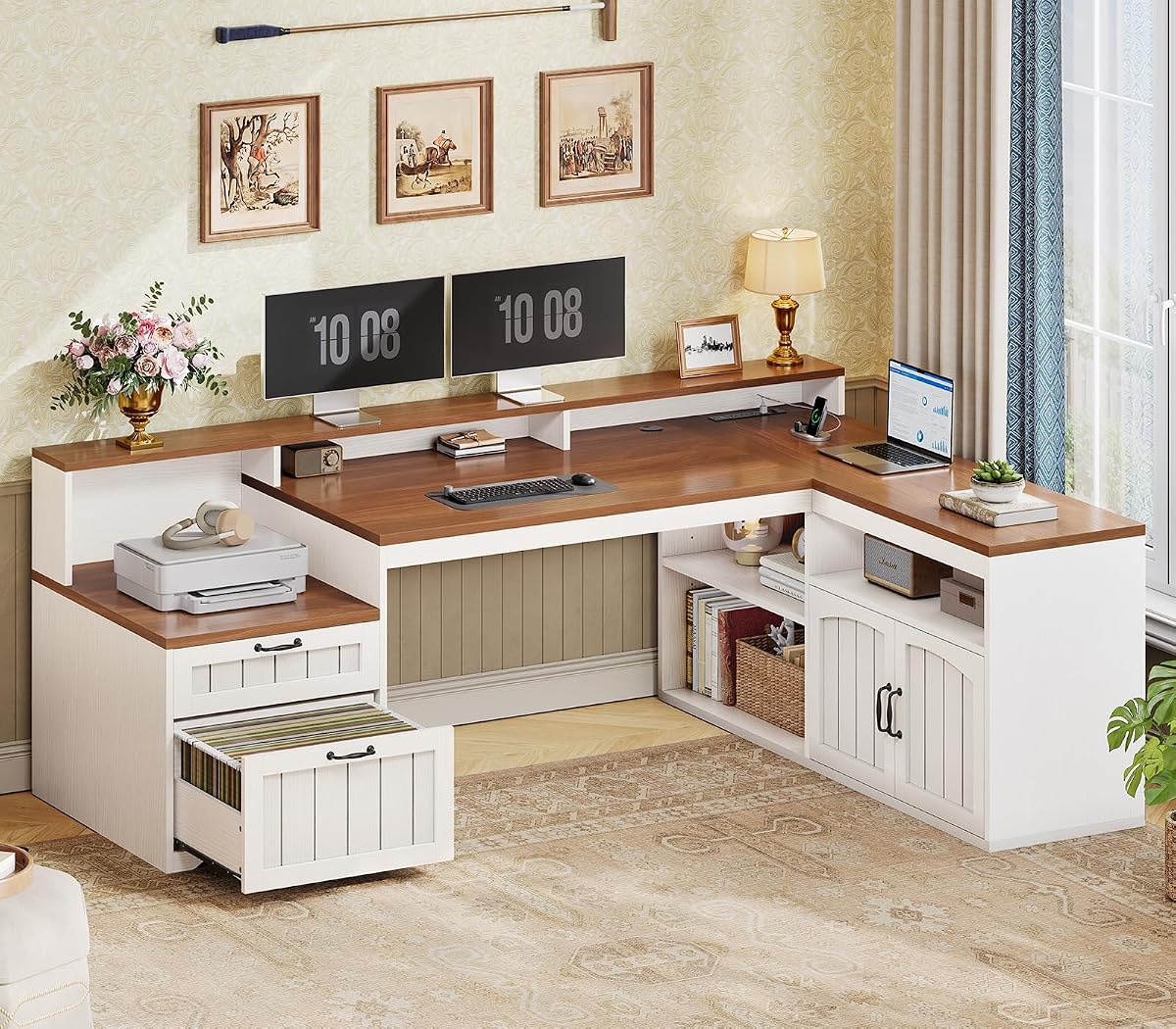59" Farmhouse L Shaped Desk with Drawer and Storage,Walnut and White