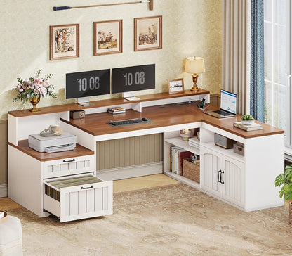 59" Farmhouse L Shaped Desk with Drawer and Storage,Walnut and White