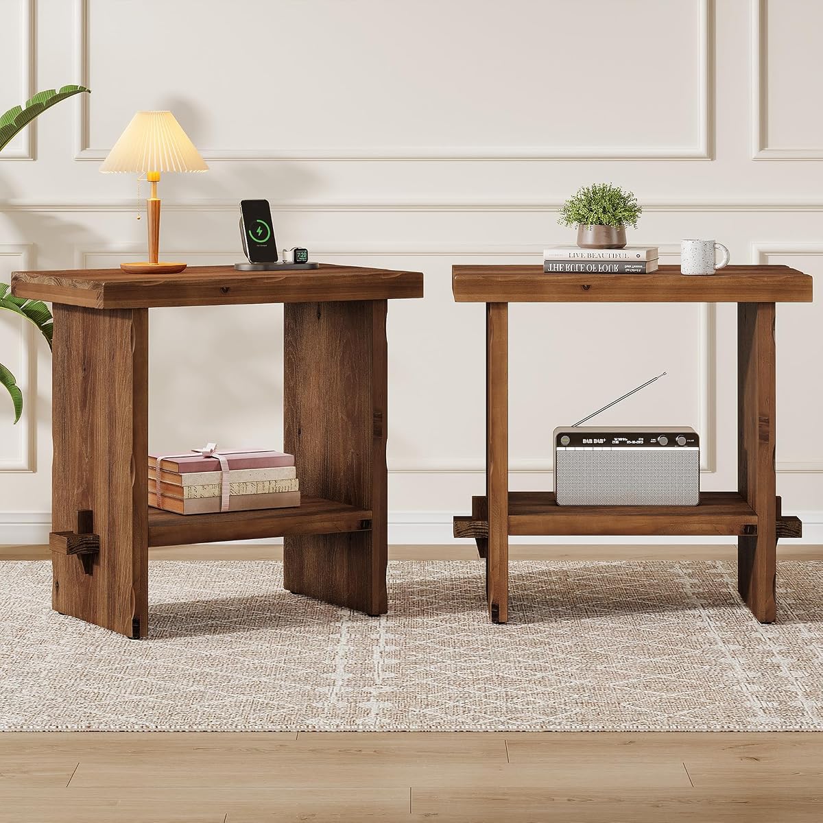 Solid Wood Nightstand with Storage, Farmhouse Bedside Table for Bedroom, Rectangle Night Stand with Wooden Base, Wooden Side End Table for Bedroom, Accent Furniture (2, Brown)