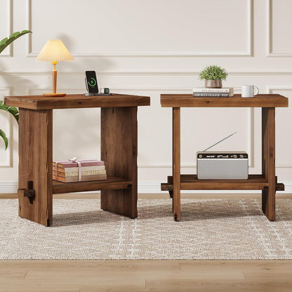 Solid Wood Nightstand with Storage, Farmhouse Bedside Table for Bedroom, Rectangle Night Stand with Wooden Base, Wooden Side End Table for Bedroom, Accent Furniture (2, Brown)
