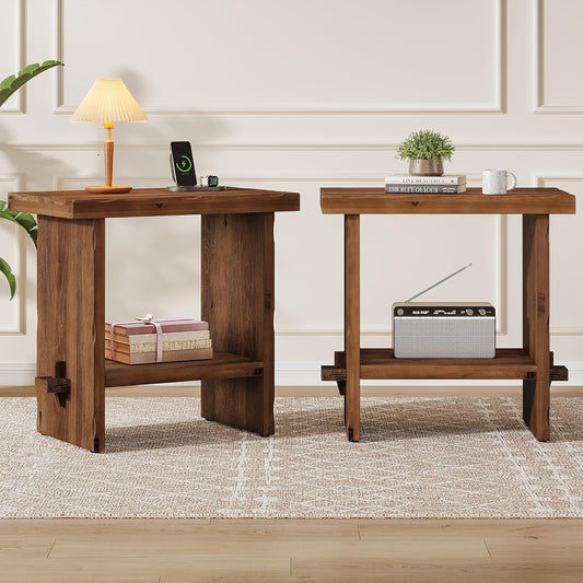 Solid Wood Nightstand with Storage, Farmhouse Bedside Table for Bedroom