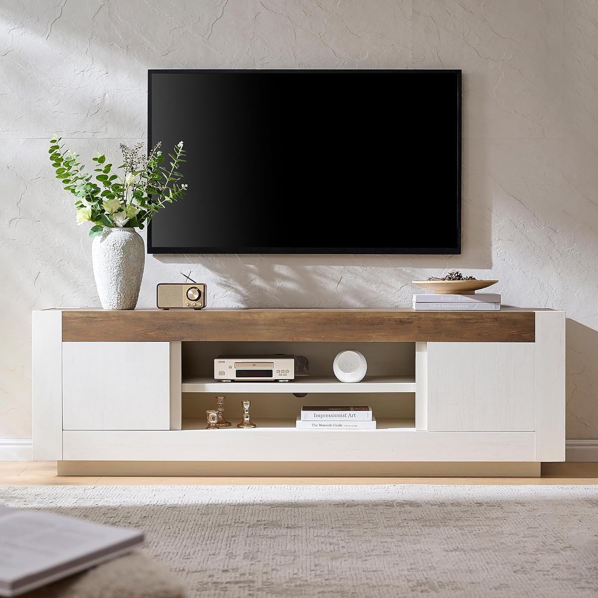 70" Modern TV Stand for 80" TV, Thick Block TV Console, Antique White