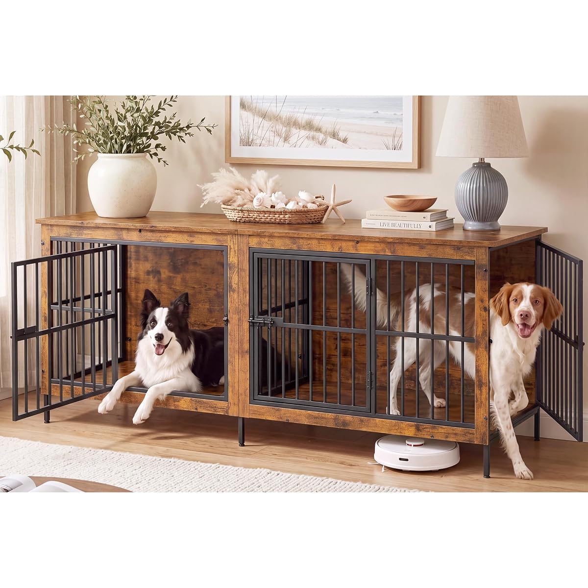 70.9" Dog Crate Furniture, Heavy Duty Double Dog Cage with Divider
