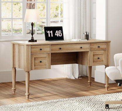 Farmhouse Executive Desk with Drawers, 56 Inch Writing Desk, Oak